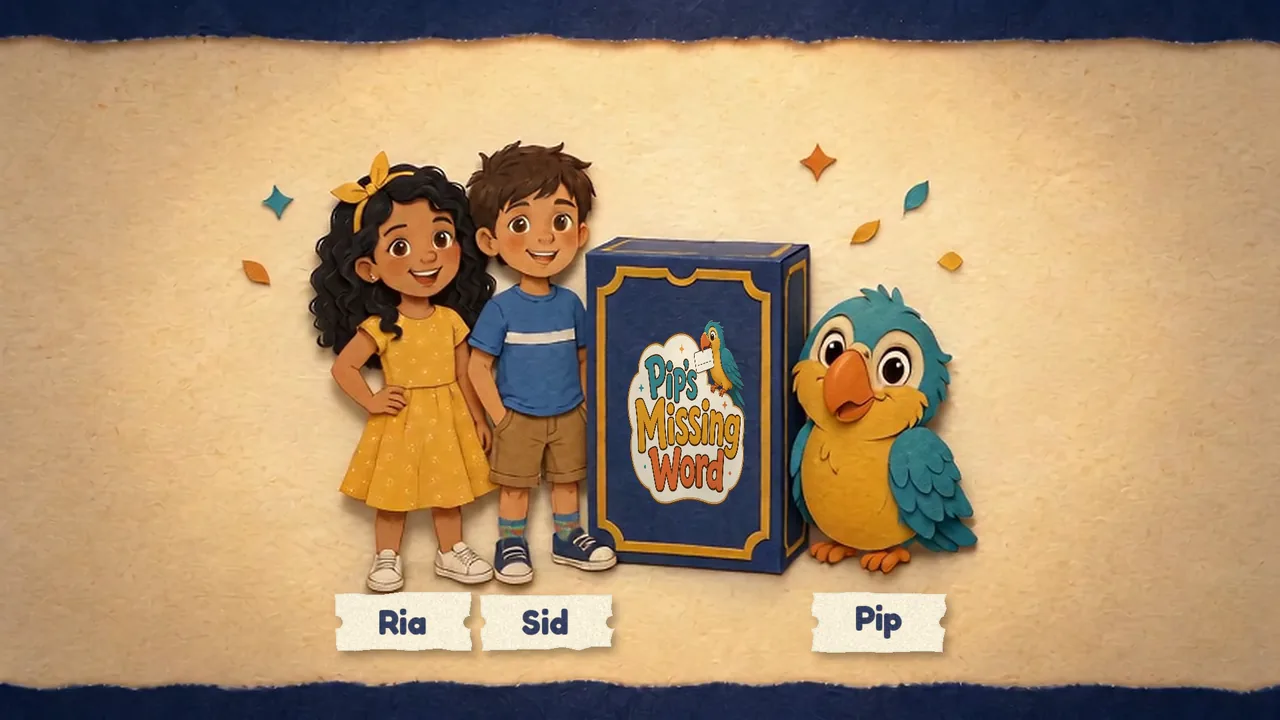 Ria, Sid and Pip the parrot gathered beside the Pip’s Missing Word box, each introduced on a little paper name chip.