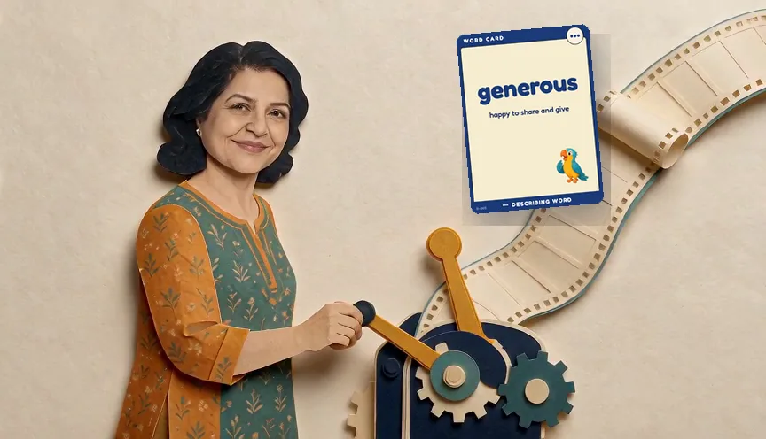 Mridu Gulla turning a paper-craft word machine as a “generous” word card emerges from the film reel.