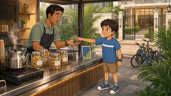 Sid returning extra coins to a chai-seller.