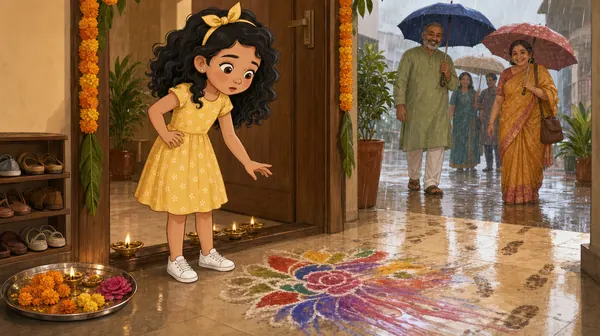 Ria looking at her rain-washed rangoli.
