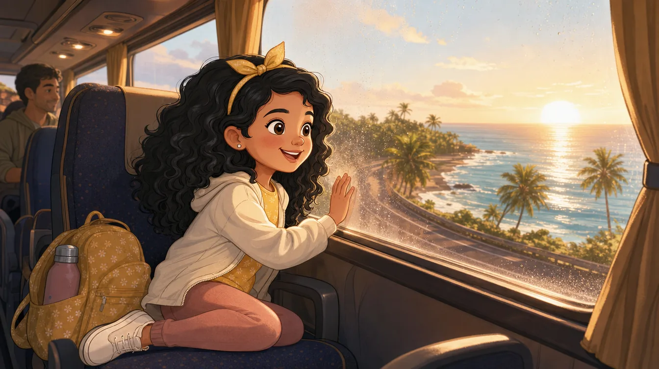 A young girl presses her hand to a bus window, mouth open in wonder, at her first sight of the sea on an Indian coast at sunset.
