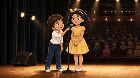 Ria at a microphone on a lit school stage.