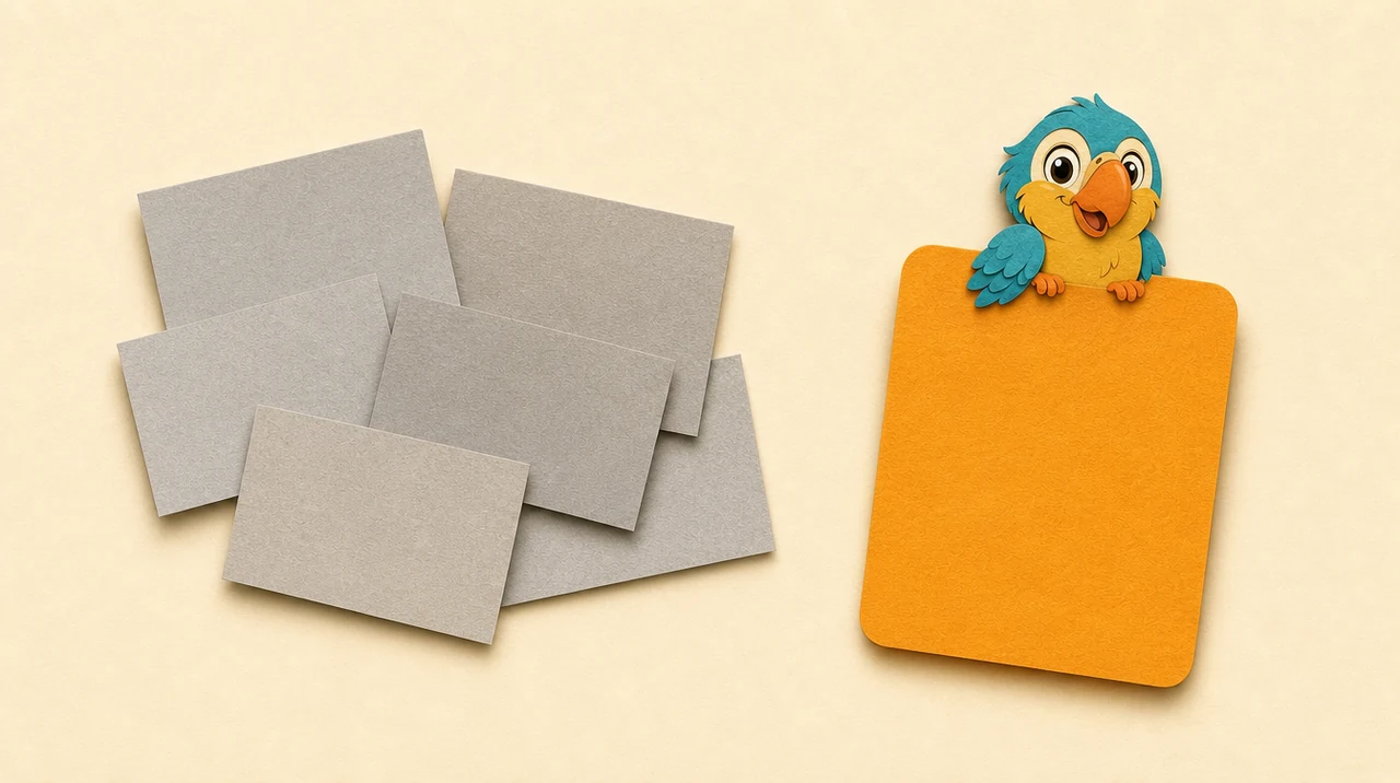A little pile of blank grey paper cards beside one bright orange card that Pip the parrot perches by — plain words on one side, the vivid word on the other.