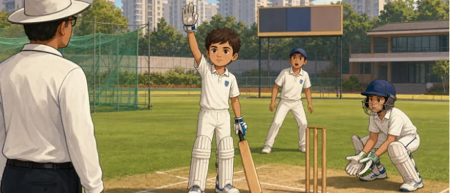 Sid raises his hand at the cricket crease to tell the umpire he edged the ball and is out.